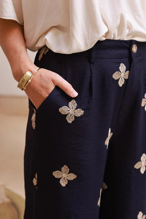 Navy blue Embroidered Viscose Pull-On Pants