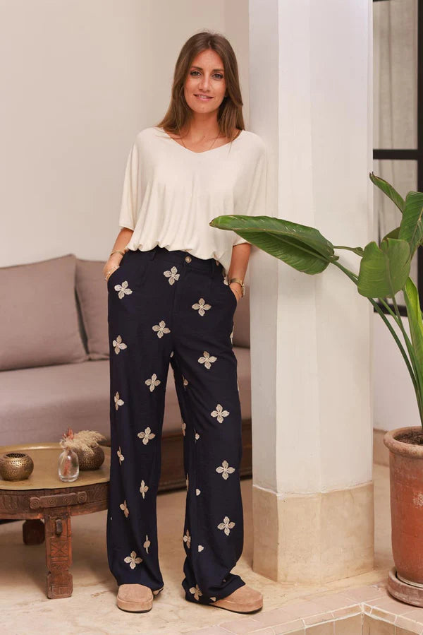 Navy blue Embroidered Viscose Pull-On Pants