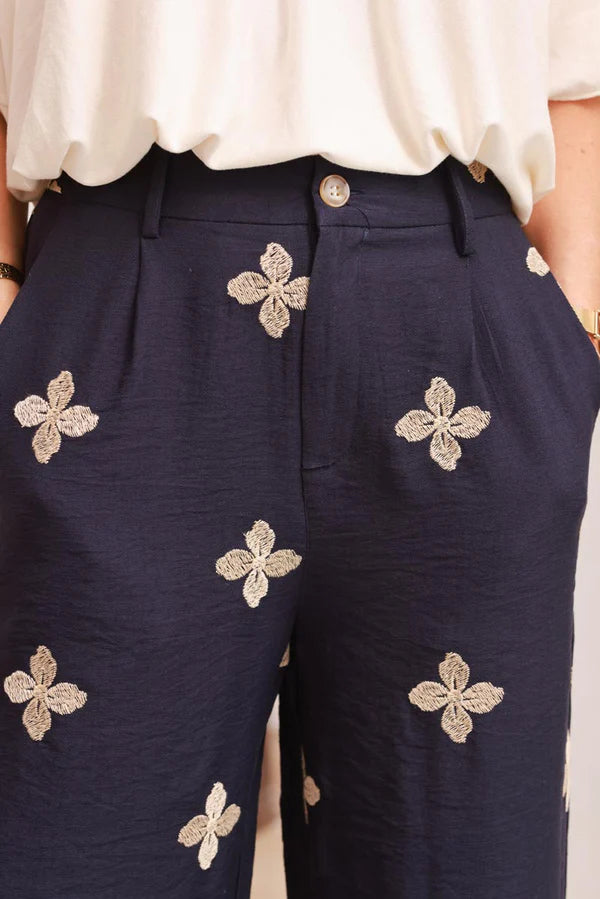 Navy blue Embroidered Viscose Pull-On Pants