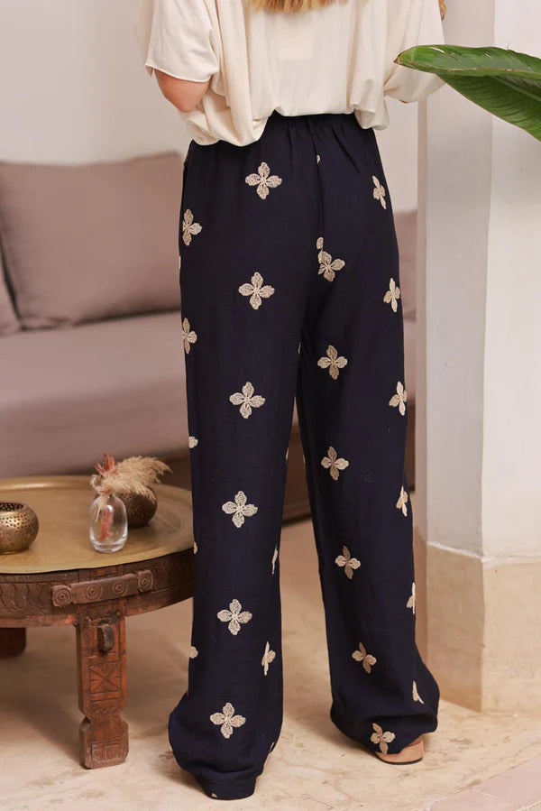 Navy blue Embroidered Viscose Pull-On Pants