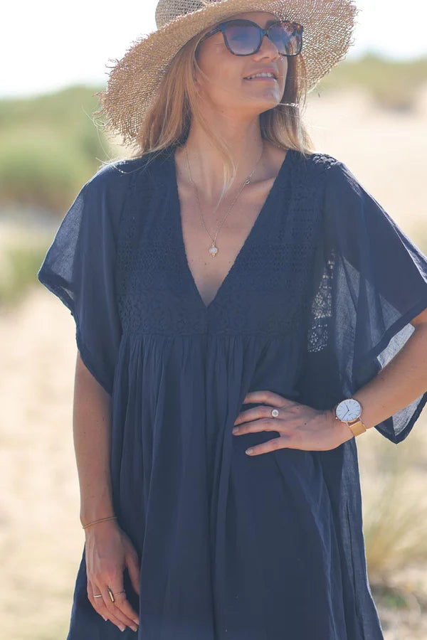 Navy blue floaty cotton dress with lace detail