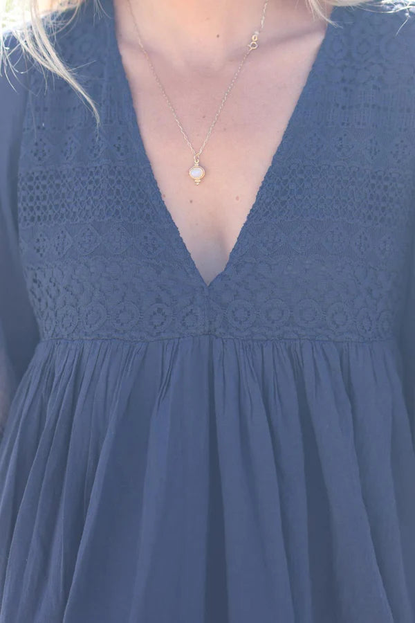 Navy blue floaty cotton dress with lace detail