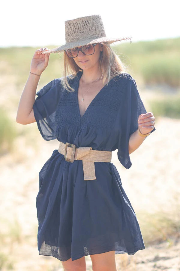 Navy blue floaty cotton dress with lace detail