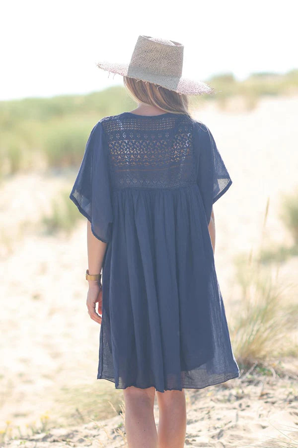 Navy blue floaty cotton dress with lace detail