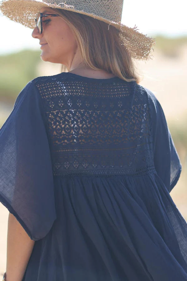 Navy blue floaty cotton dress with lace detail