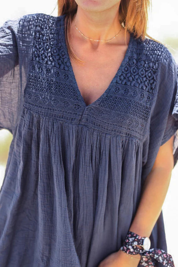 Navy blue floaty cotton dress with lace detail