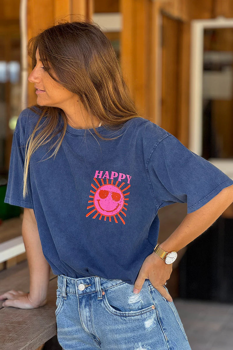 Navy blue Happy Sun Screen Print Tee