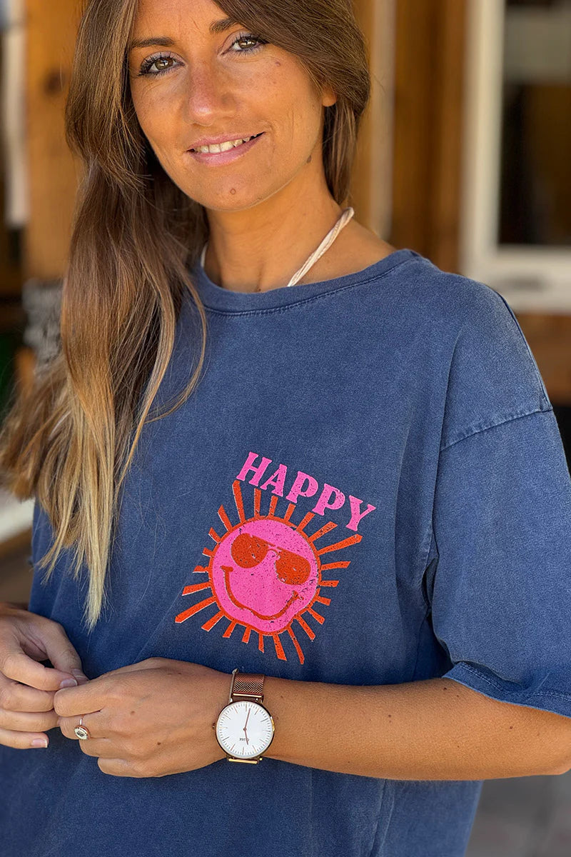 Navy blue Happy Sun Screen Print Tee