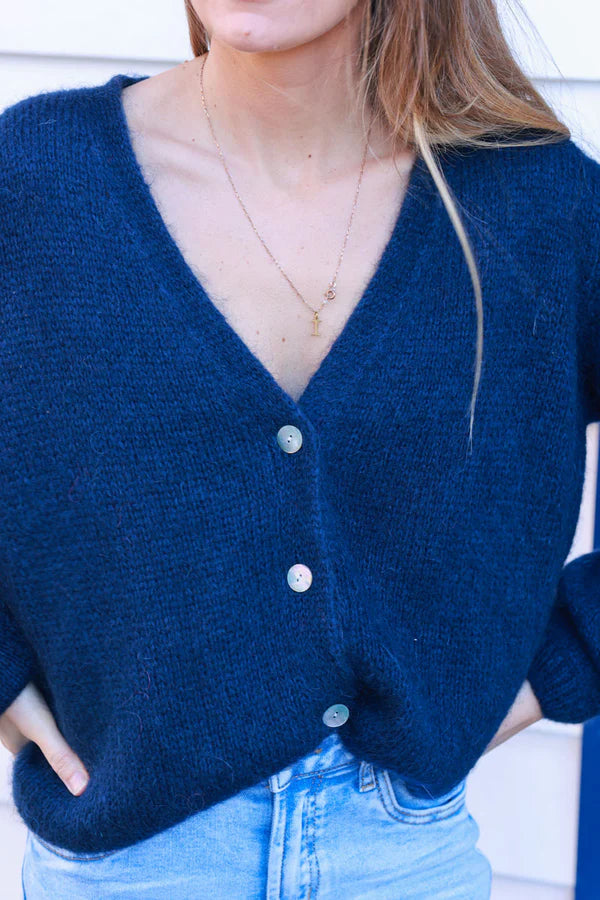 Navy Blue Knitted Button Through Cardigan
