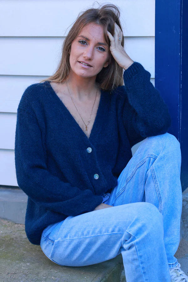 Navy Blue Knitted Button Through Cardigan