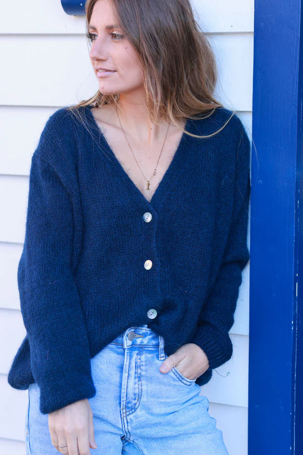 Navy Blue Knitted Button Through Cardigan