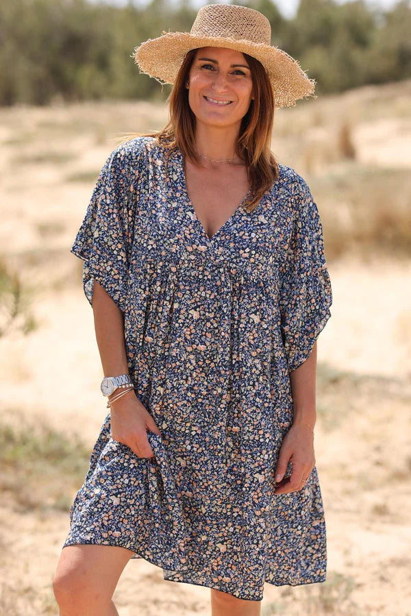 Navy Blue Liberty Print Flowing Smock Dress Jeanne Navy Blue Liberty Print Flowing Smock Dress Jeanne
