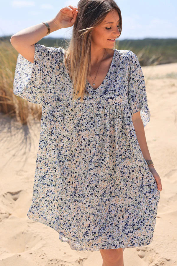 Navy Blue Liberty Print Flowing Smock Dress Jeanne Navy Blue Liberty Print Flowing Smock Dress Jeanne