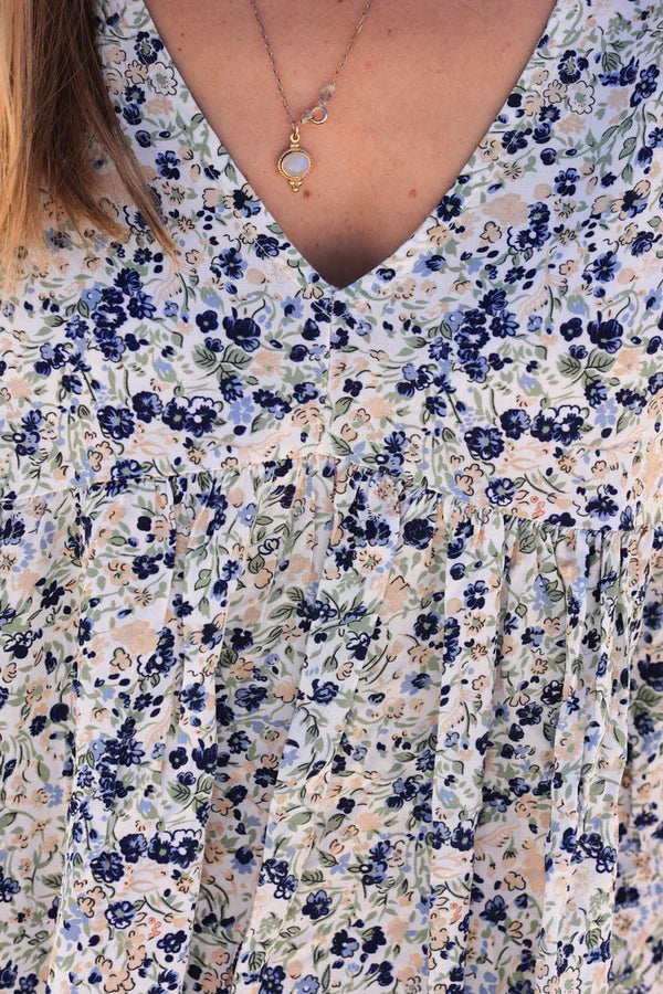 Navy Blue Liberty Print Flowing Smock Dress Jeanne