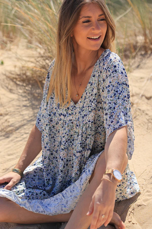 Navy Blue Liberty Print Flowing Smock Dress Jeanne