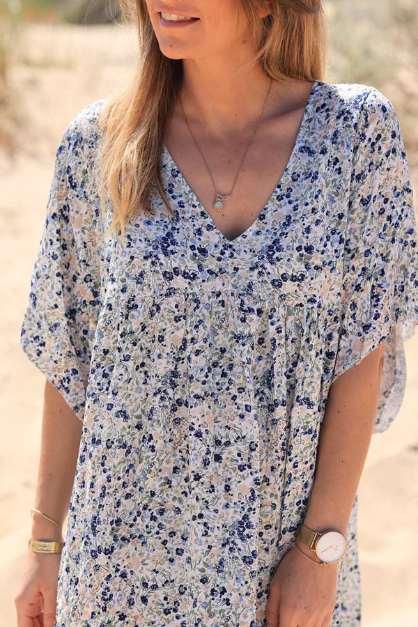 Navy Blue Liberty Print Flowing Smock Dress Jeanne