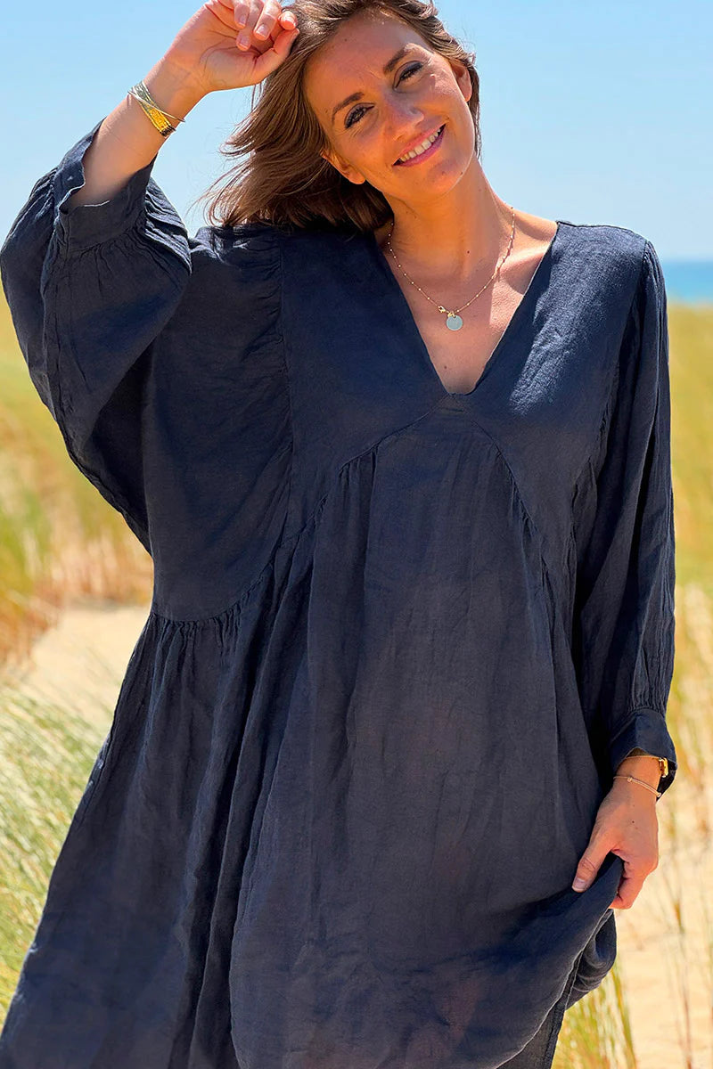 Navy blue Linen Babydoll Dress