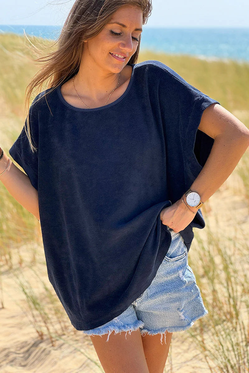 Navy Blue Terry Cloth Blouse