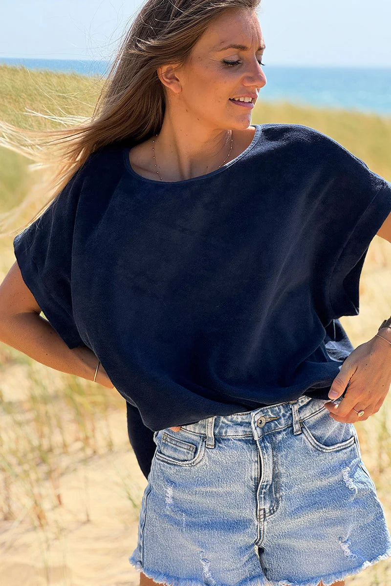 Navy Blue Terry Cloth Blouse