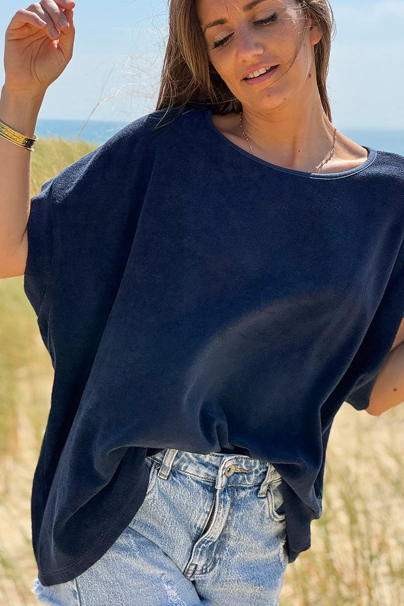 Navy Blue Terry Cloth Blouse