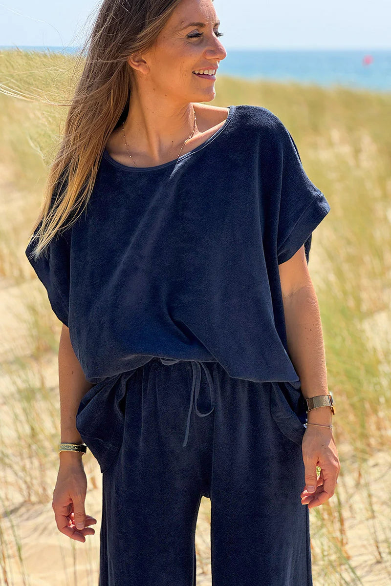 Navy Blue Terry Cloth Blouse