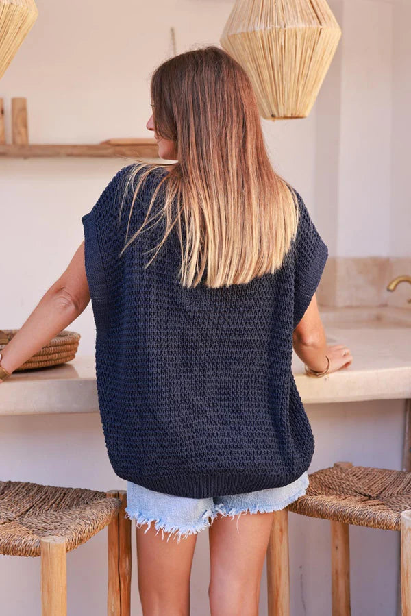Navy Chunky Knit Cap-Sleeve Cardigan