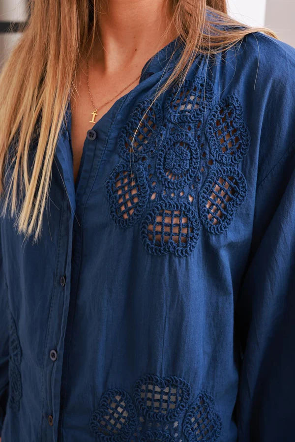 Navy Cotton Crochet Floral Inset Blouse