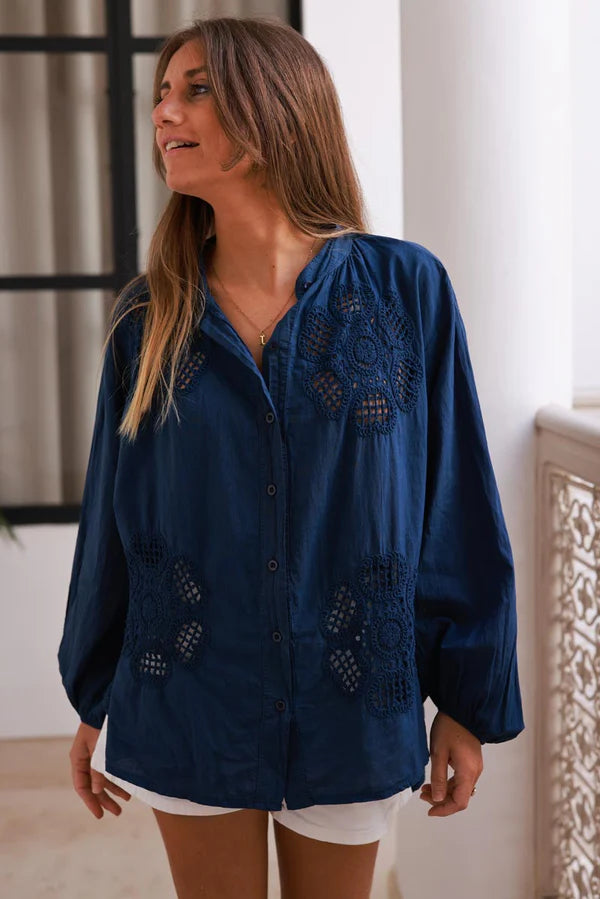 Navy Cotton Crochet Floral Inset Blouse