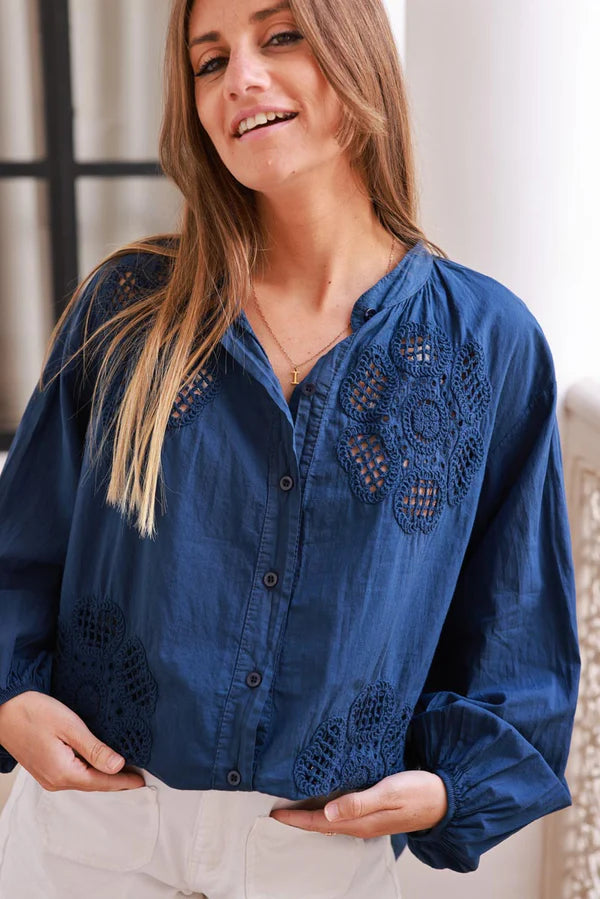 Navy Cotton Crochet Floral Inset Blouse