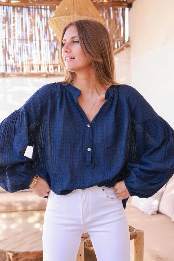 Navy Cotton Swiss Dot Embroidered Blouse