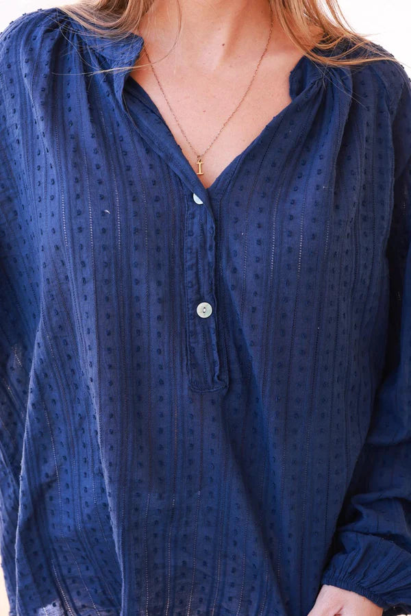 Navy Cotton Swiss Dot Embroidered Blouse