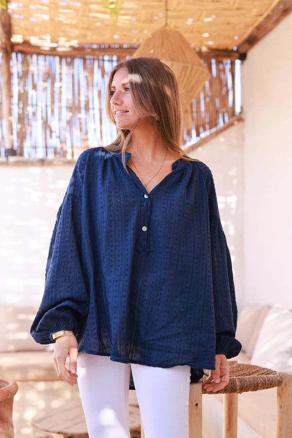 Navy Cotton Swiss Dot Embroidered Blouse