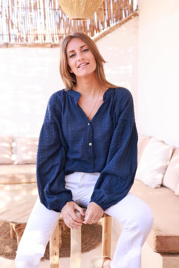 Navy Cotton Swiss Dot Embroidered Blouse