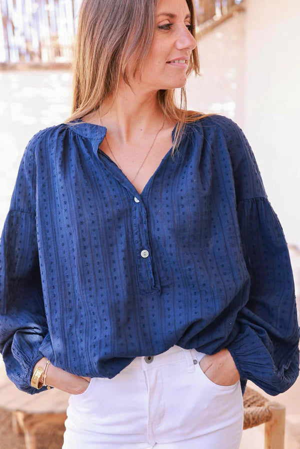 Navy Cotton Swiss Dot Embroidered Blouse
