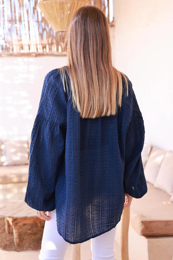 Navy Cotton Swiss Dot Embroidered Blouse