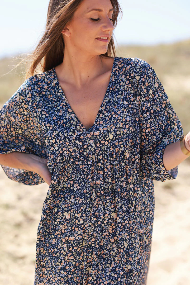 Navy Ditsy Floral V-Neck Butterfly Sleeve Maxi Dress