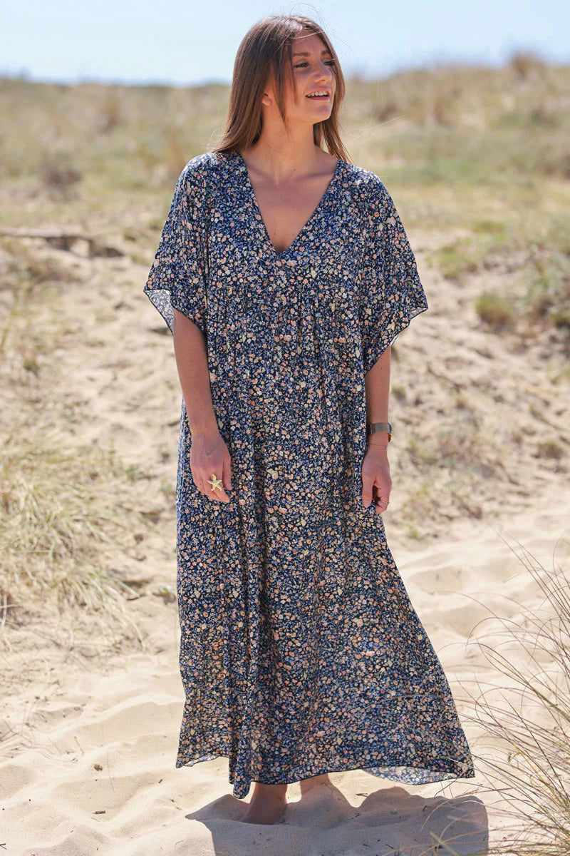 Navy Ditsy Floral V-Neck Butterfly Sleeve Maxi Dress