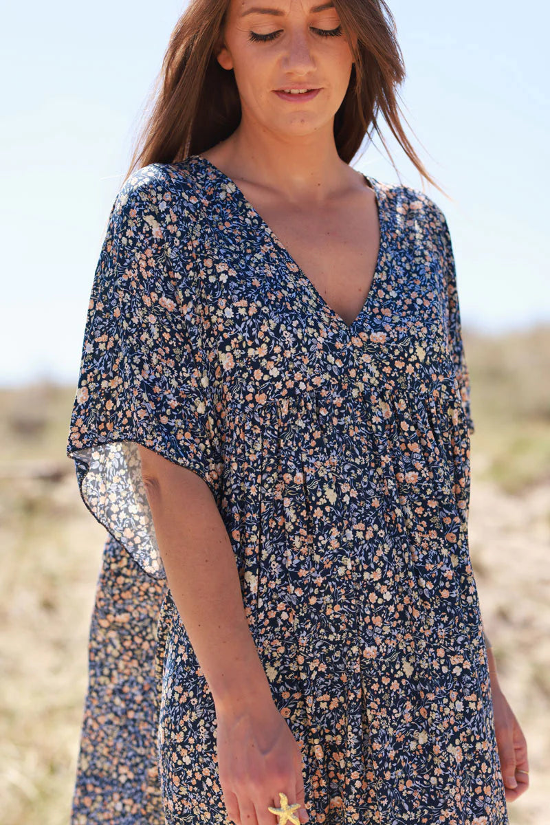 Navy Ditsy Floral V-Neck Butterfly Sleeve Maxi Dress