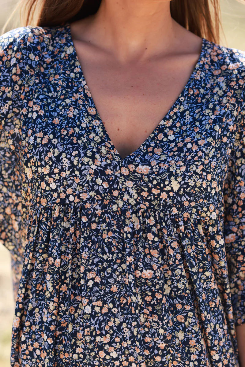 Navy Ditsy Floral V-Neck Butterfly Sleeve Maxi Dress