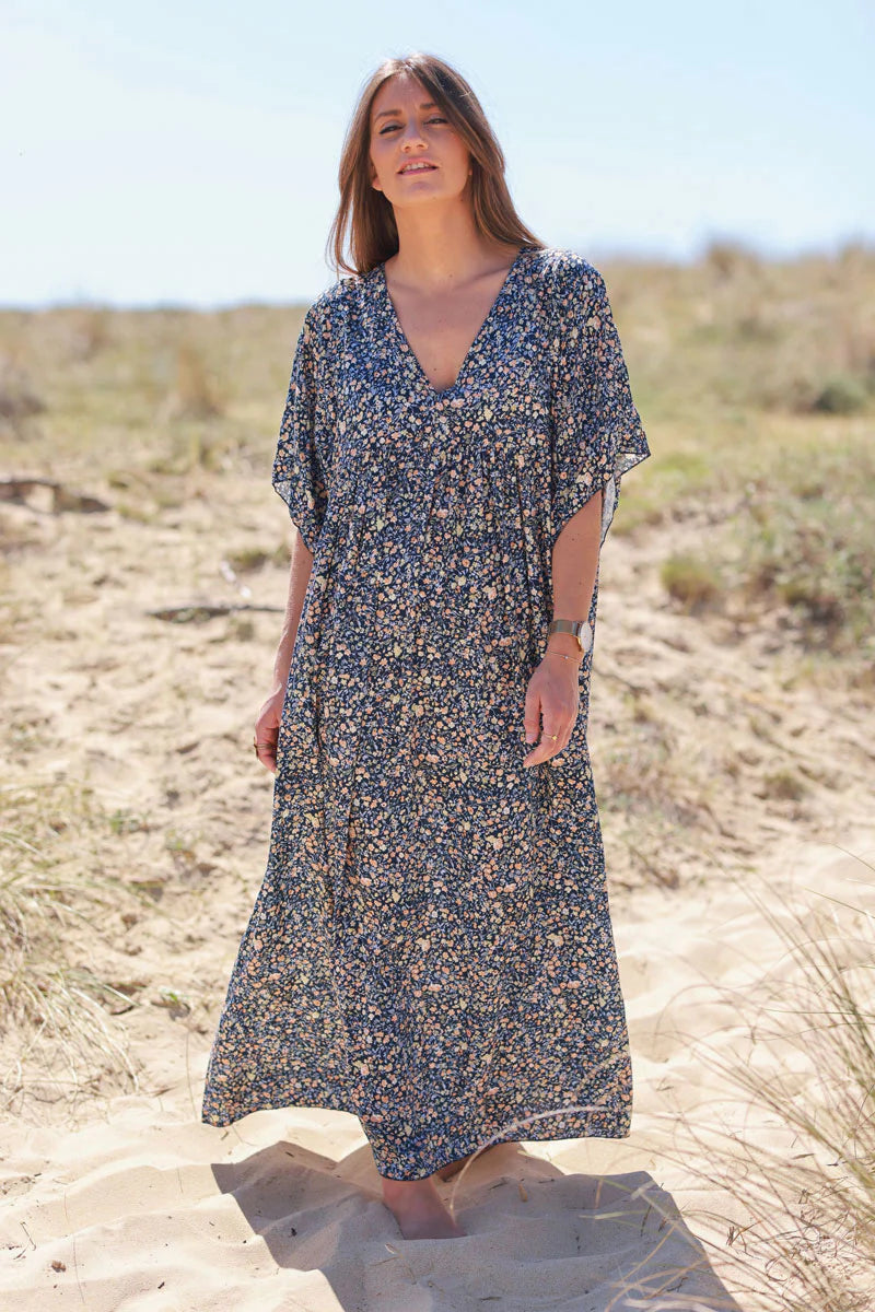 Navy Ditsy Floral V-Neck Butterfly Sleeve Maxi Dress
