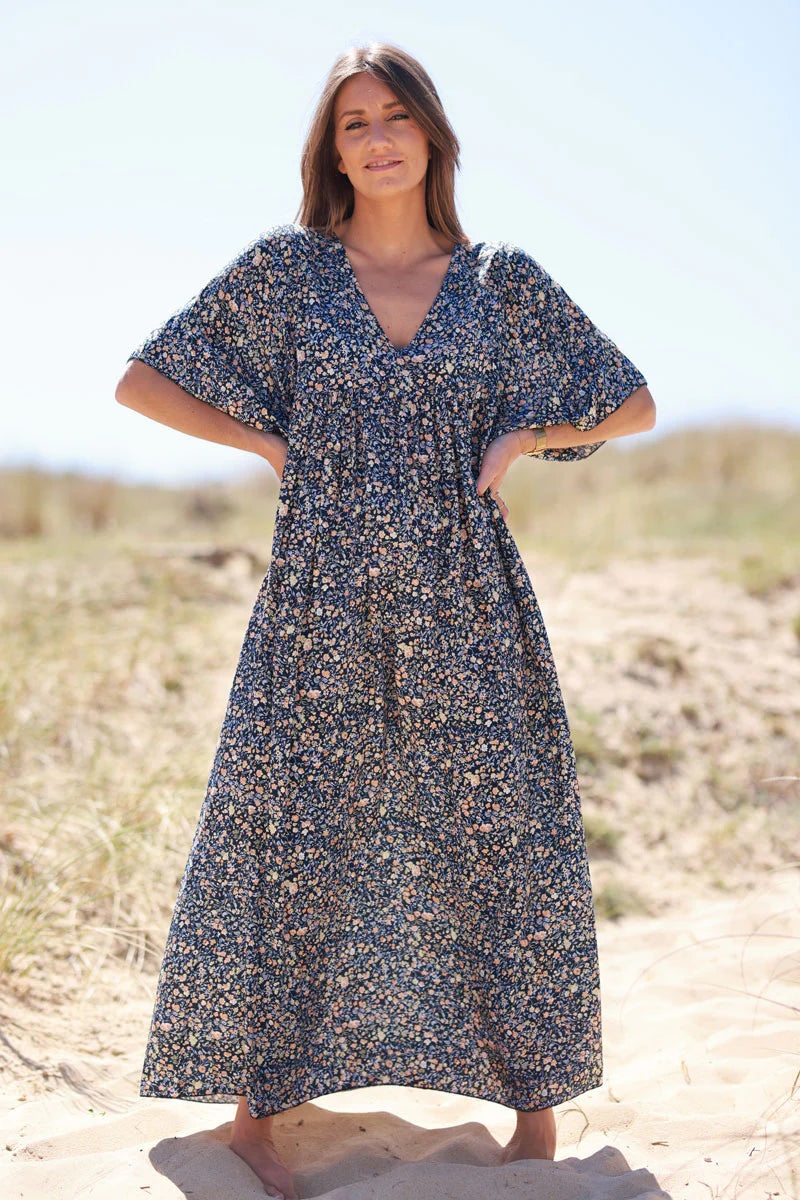 Navy Ditsy Floral V-Neck Butterfly Sleeve Maxi Dress
