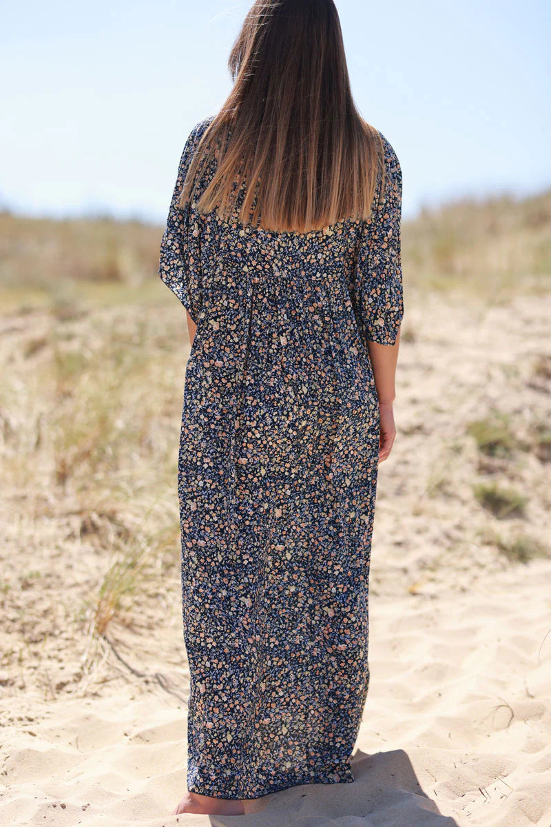 Navy Ditsy Floral V-Neck Butterfly Sleeve Maxi Dress