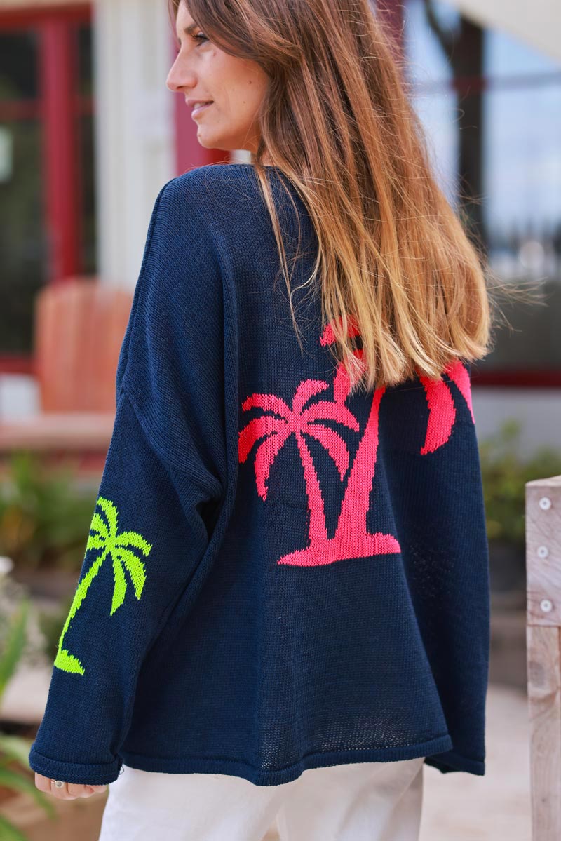 Navy Intarsia Knit Coral Palm Sweater