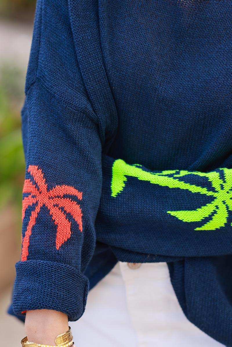 Navy Intarsia Knit Coral Palm Sweater