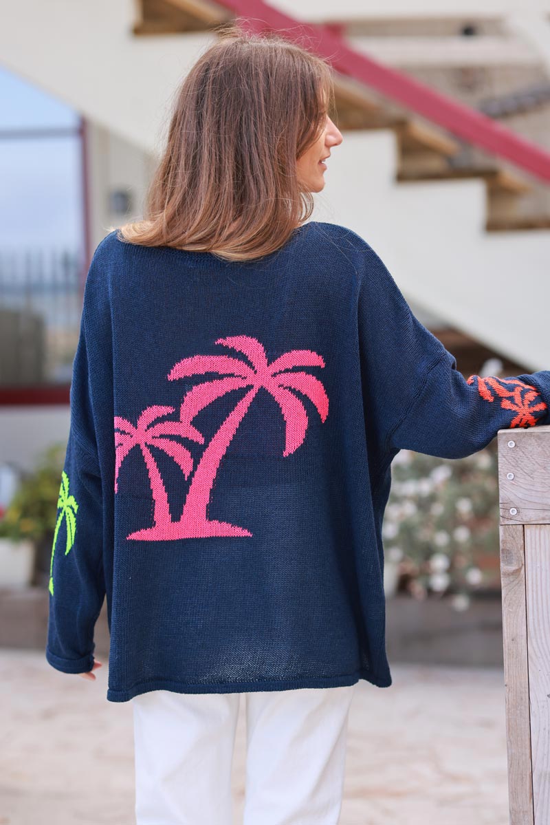 Navy Intarsia Knit Coral Palm Sweater