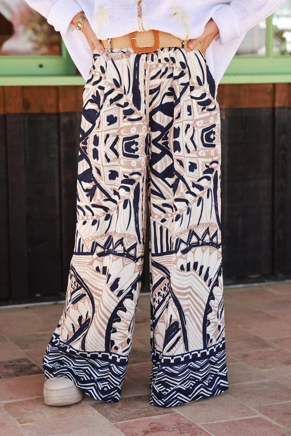 Navy Tiki Print Viscose Pull-On Pants + Belt included
