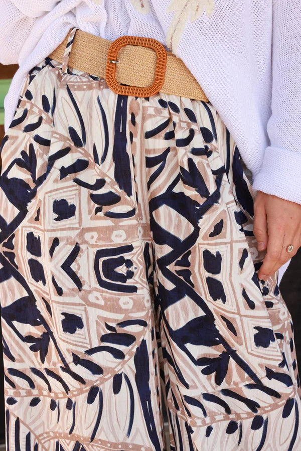 Navy Tiki Print Viscose Pull-On Pants + Belt included