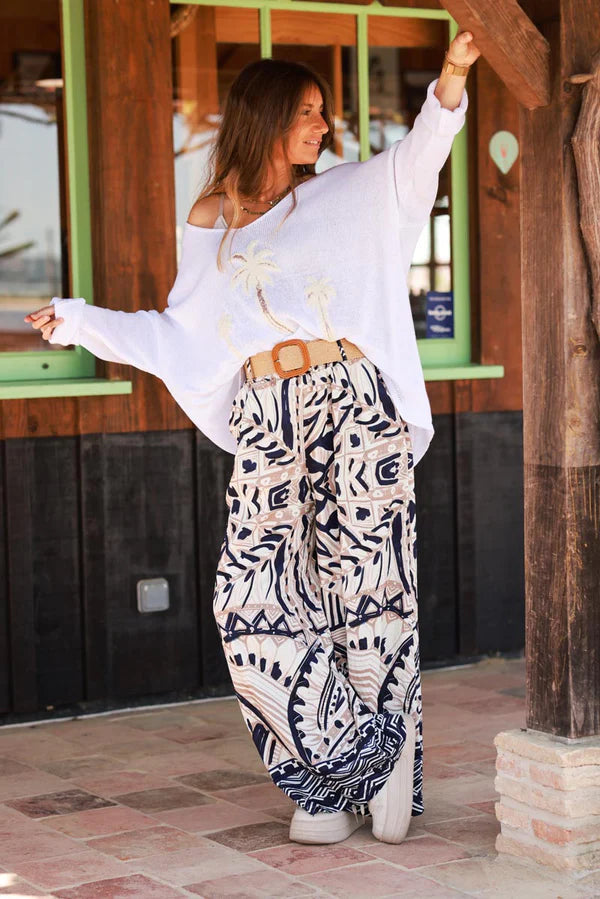 Navy Tiki Print Viscose Pull-On Pants + Belt included