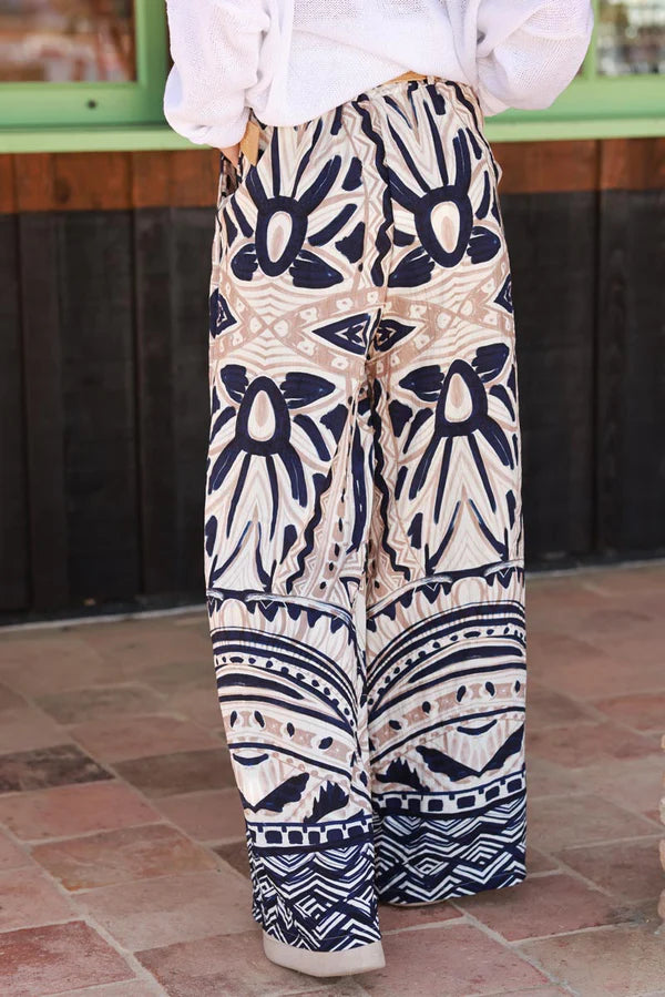 Navy Tiki Print Viscose Pull-On Pants + Belt included