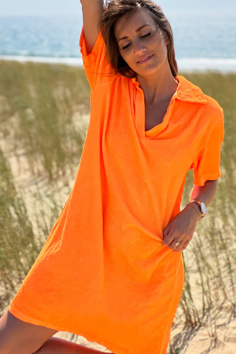 Neon Orange Terry Cloth Collared V-Neck Dress